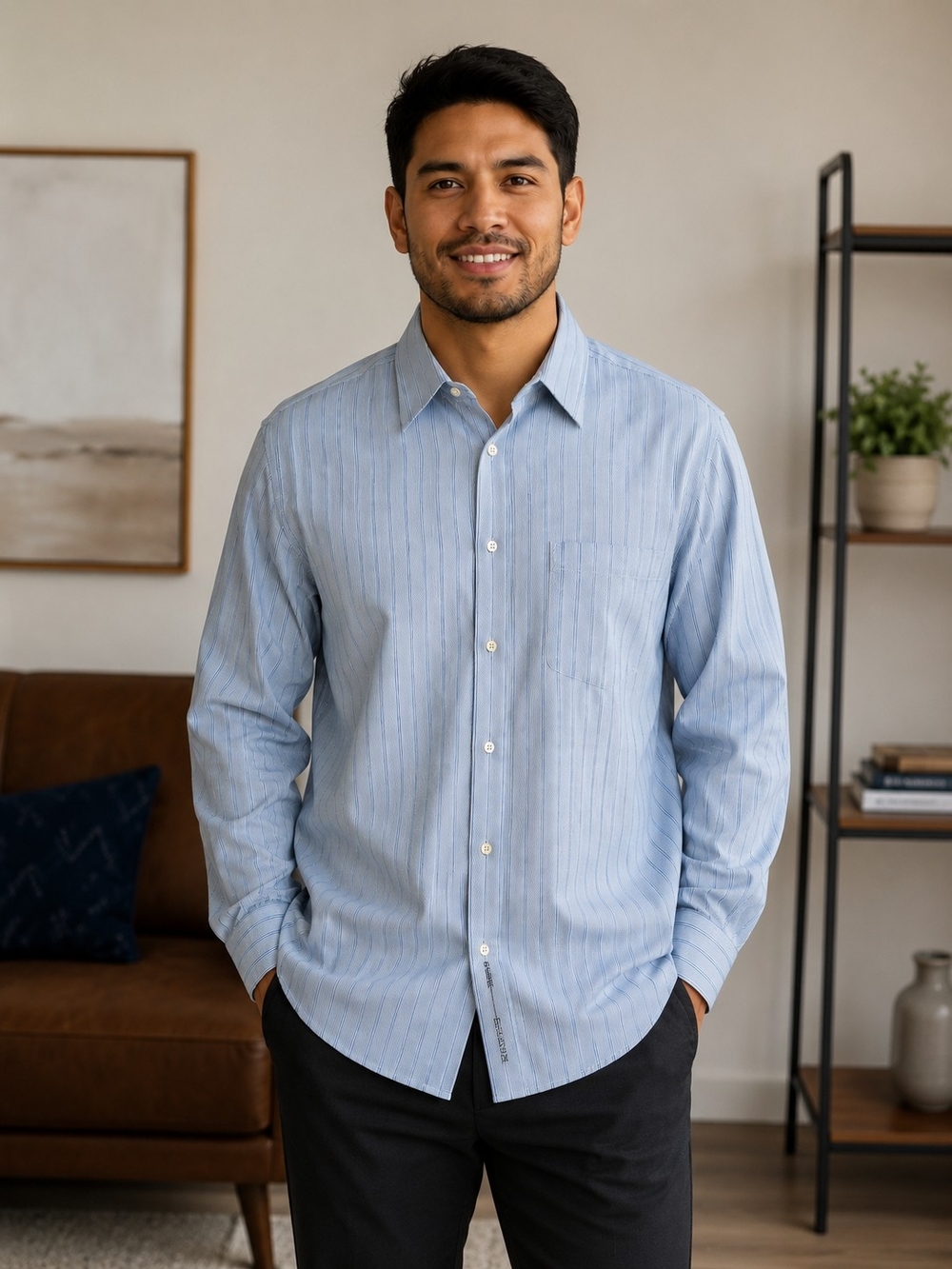 Jos A Bank Signature Collection Blue Stripe Tailored Fit Dress Shirt 17.5 35